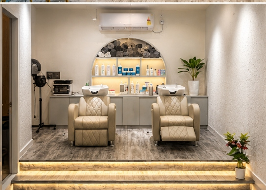 Client at VIZILTI Salon wash station receiving a relaxing hair spa treatment